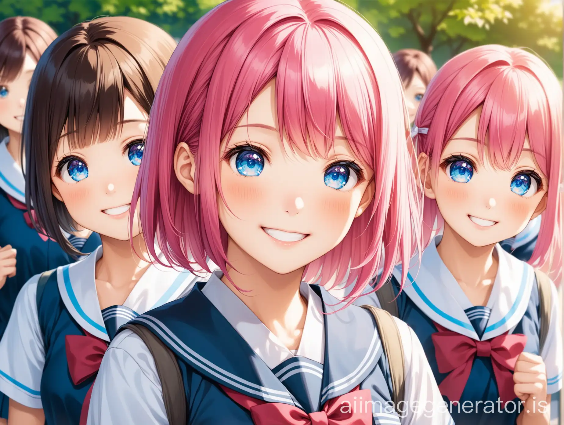 Smiling-Young-Japanese-Woman-in-School-Uniform-with-Pink-Hair-and-Blue-Eyes