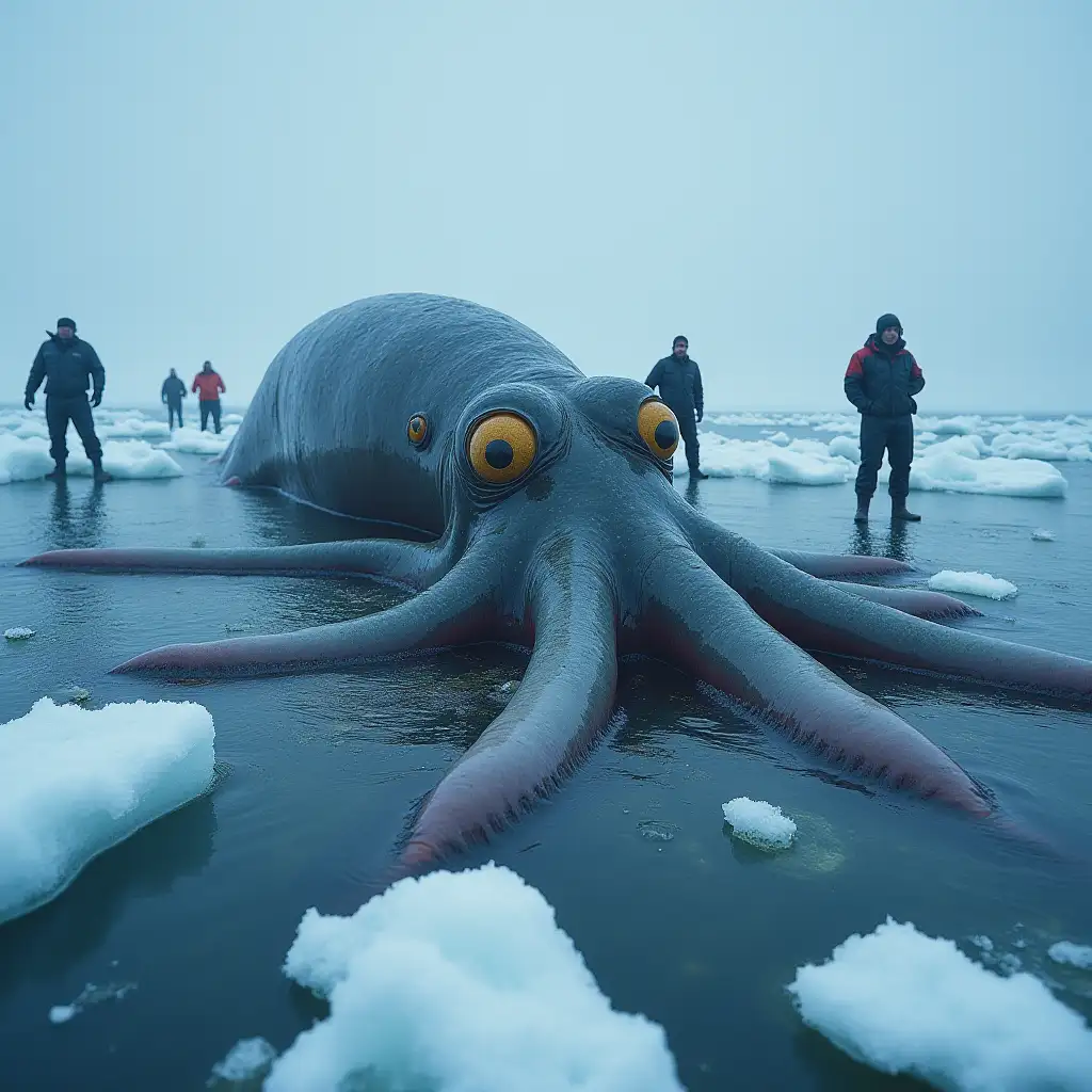 Giant-Squid-Trapped-in-Melting-Ice-Surrounded-by-Frightened-Fishermen