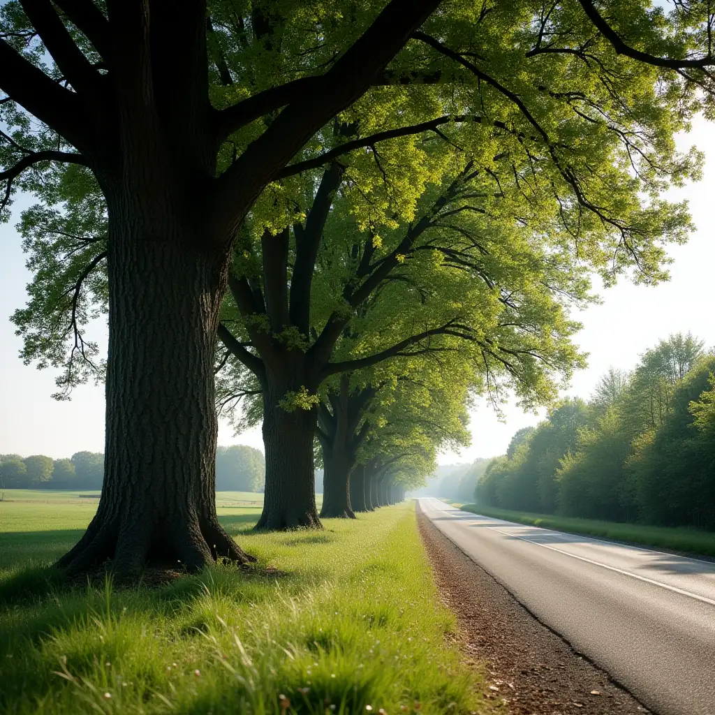 a few tree trunks of sycamore side by side that can be seen from the opposite side of the road