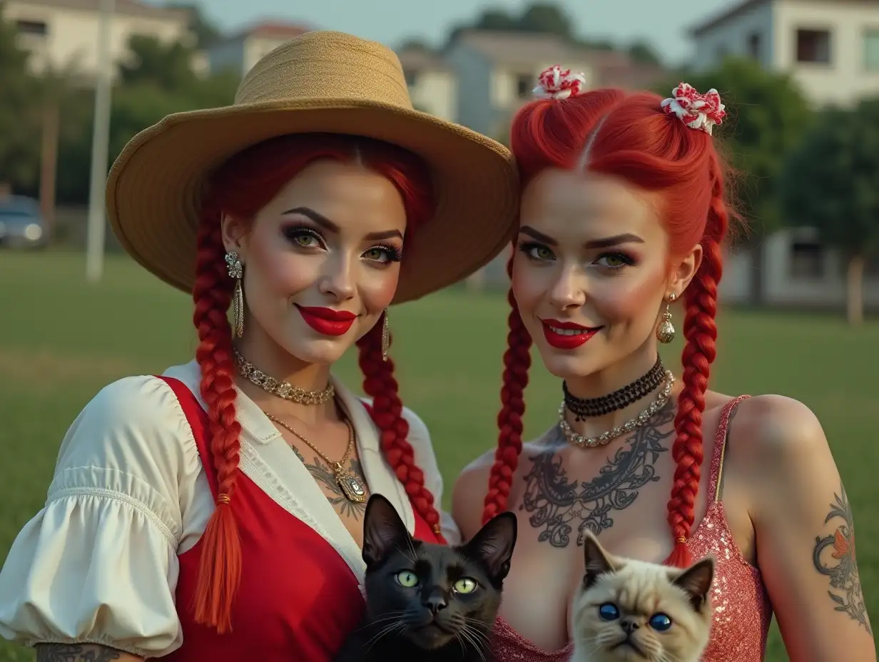 Two white, round Pin-up girls 70 years old red braids wear a low-cut blouse mixed red and white, with a slight laugh on their mouths, tattoos, golden hat, red lipstick highlights their smile, modern jewelry, black skin, and holding a dog and cat, in a park with many houses in Cyberpunk Brazil 8k quality