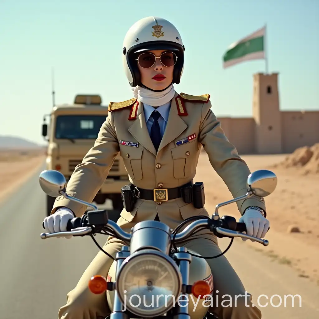 Arab-Military-Woman-on-Police-Motorcycle-in-Desert-with-Military-Truck-and-Fort-in-Background