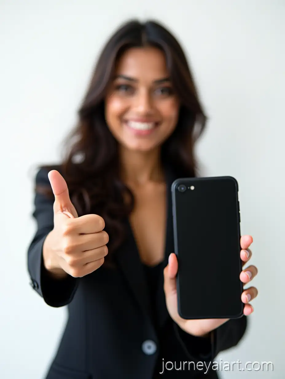 Portrait-ofIndian-woman-product-promotion-Confident-Indian-Woman-in-Dark-Blazer-Promoting-Smartphone