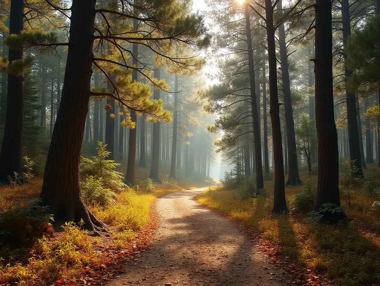 Hyperrealistic image of a tranquil autumn forest in Liencres, Cantabria. The scene features a mix of pine trees and sparse deciduous trees, with hints of gentle fall colors—subtle yellows and soft oranges mixed naturally with green foliage. The forest floor is scattered with a light layer of fallen leaves, blending earth tones like brown and muted yellow. A narrow dirt path winds through the trees, inviting the viewer into the peaceful landscape. Sunlight filters gently through the canopy, casting dappled shadows that enhance the calm, serene atmosphere without overwhelming brightness or color. Capture intricate details of the forest, from the texture of the tree bark to the soft shadows on the ground, creating an immersive, lifelike scene that feels both serene and authentic