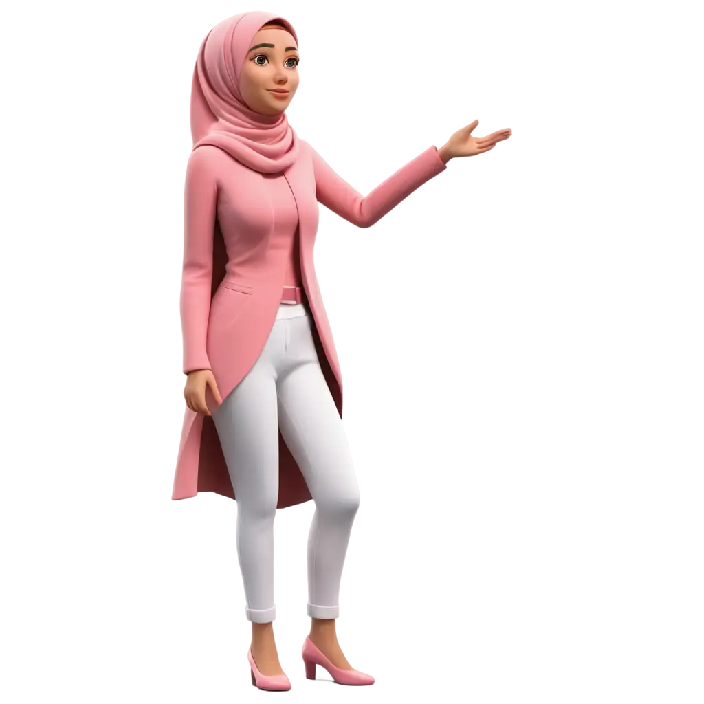 3d animation of a woman in a hijab wearing a pink top, white long pants, and a pink pashmina.being photographed