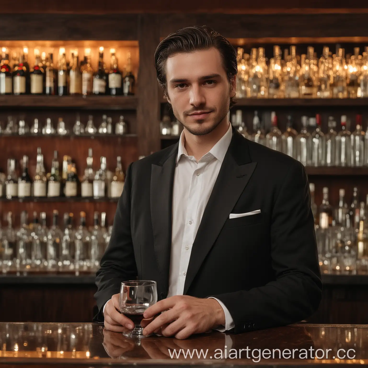 a man in a black formal suit stands with a glass in the bar