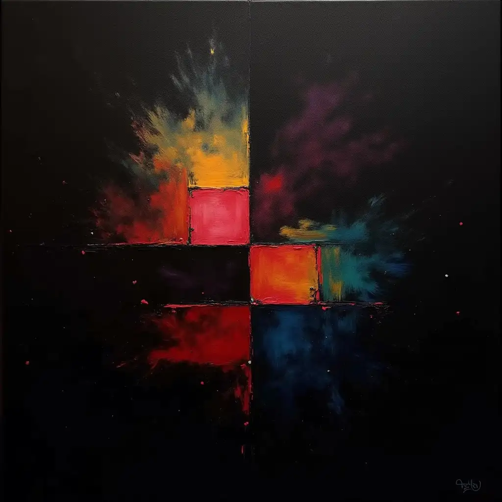 a picture is dark, in the style of constructivism abstractism, minimalism, simplify for a beginner artist with acrylic many colors