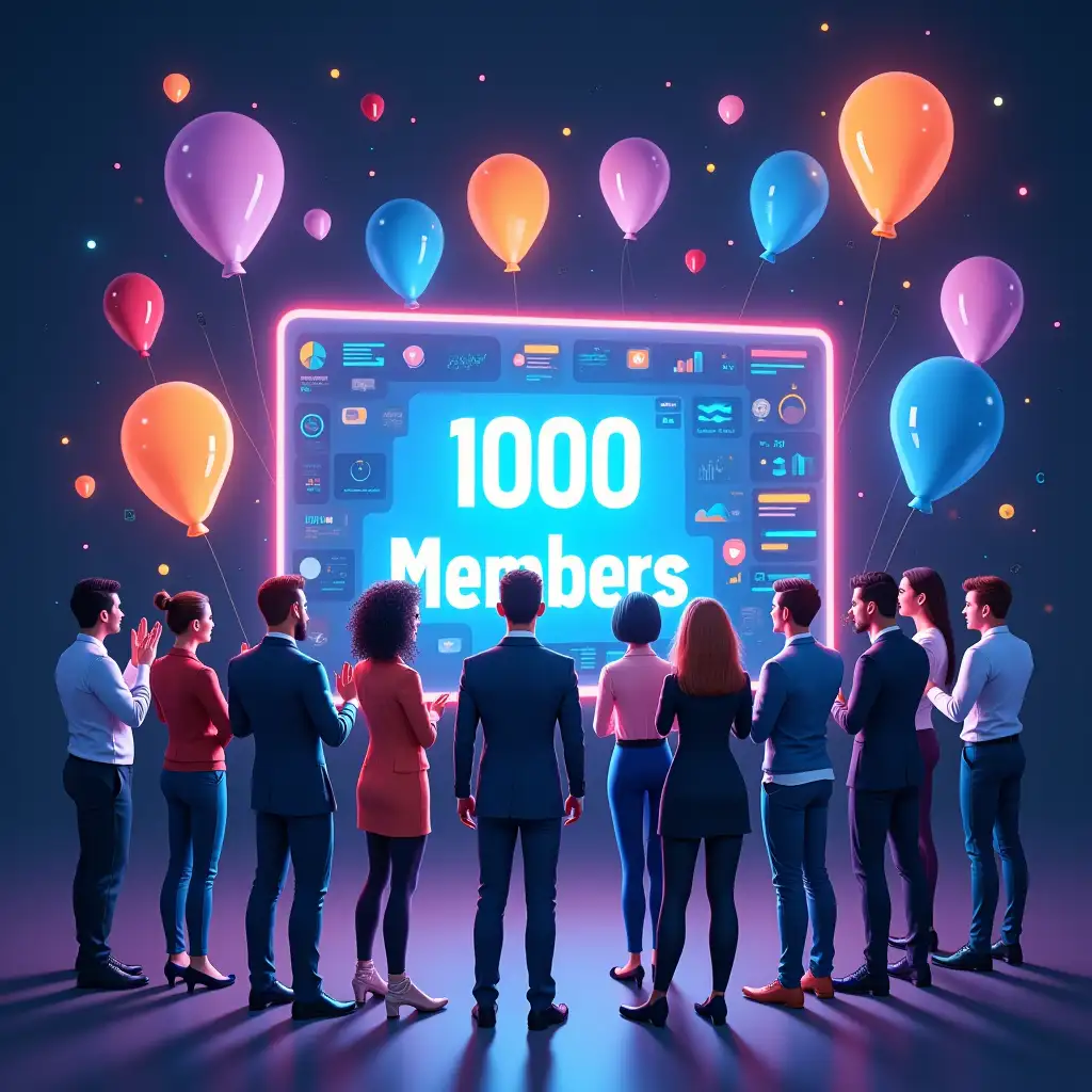 Diverse-Professionals-Celebrating-Milestone-with-AIThemed-Balloons-and-Screen-Displaying-1000-Members