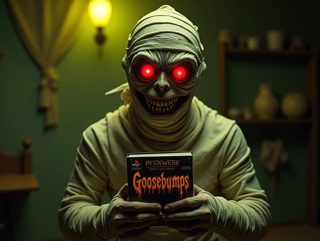 The background is a gradient of dark green to yellow, creating a sinister atmosphere. In a bedroom full of artifacts  Main Image: The central figure is a terrifyingly realistic mummy in bandages with red glowing eyes holding a small ps1 disc box with exaggerated features: Face: The mummy has an eerie smile with bright redwide eyes with a manic expression, and pronounced eyebrows. The eyes are particularly unsettling, contributing to the horror theme. Attire: it is wrapped in bandages and tall Lighting: The face is illuminated from below, casting shadows that accentuate its creepy features.  A book Cover titled 'Goosebumps' in an early 1990's scary gooey red font