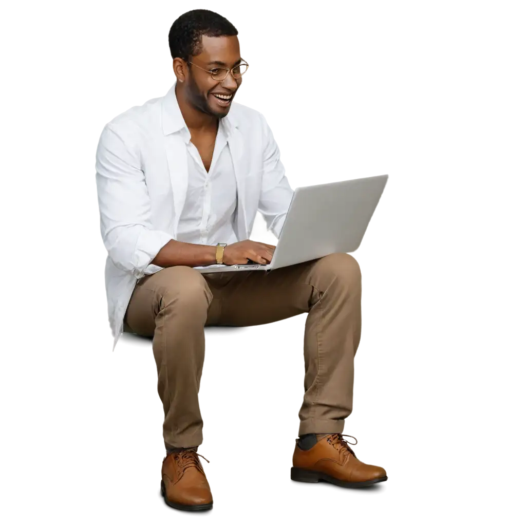 Happy-African-American-Man-in-White-Dress-Using-Laptop-HighQuality-PNG-for-Versatile-Applications