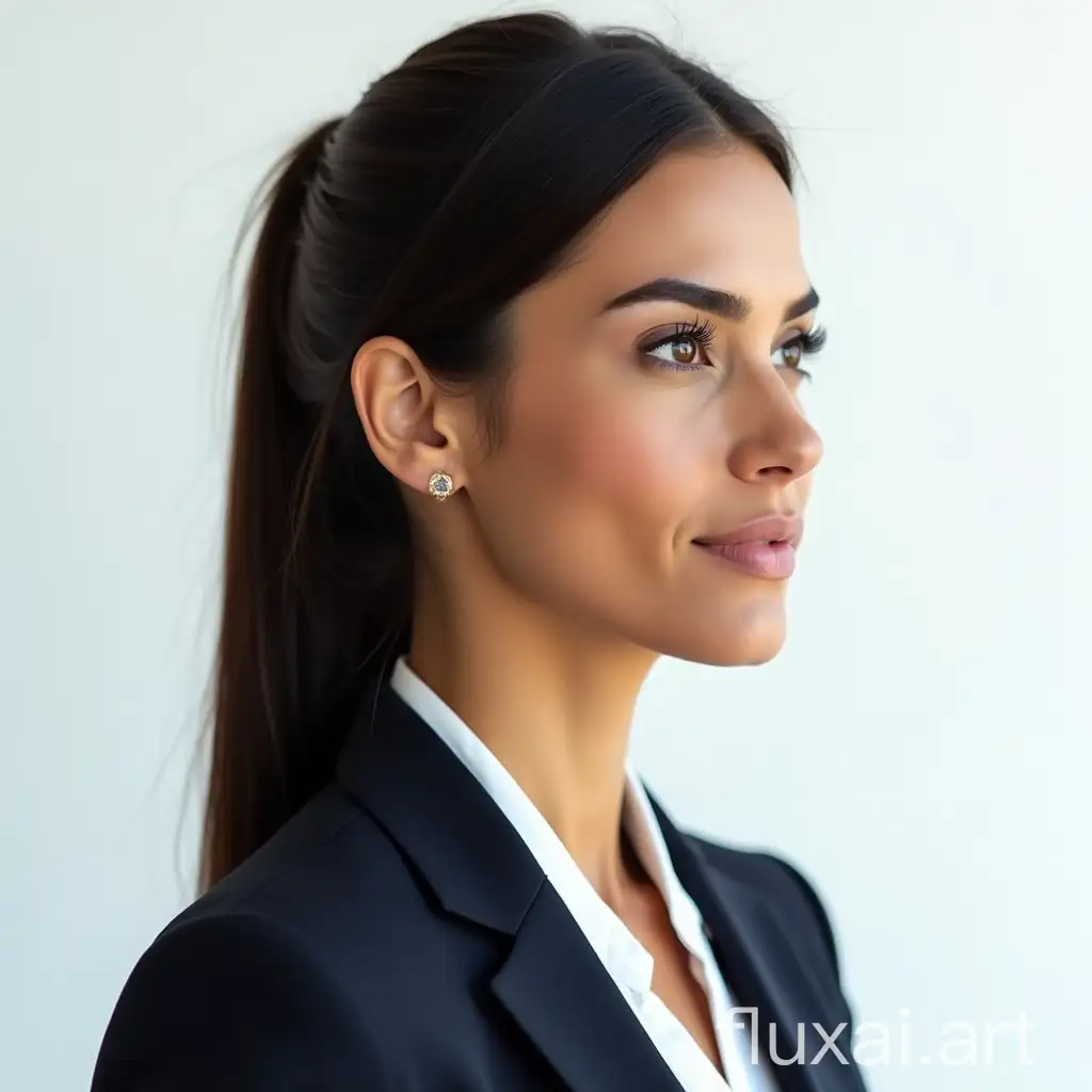 Create a bright, high-quality profile portrait of a woman in her 30s. She is an Israeli lawyer with a tanned, dark complexion. She is wearing a business suit, exuding seriousness and professionalism as a businesswoman. The image should have a light background to highlight her features and convey her strong, confident presence.