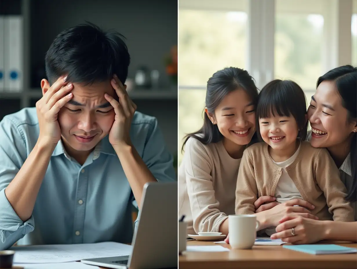 A picture showing two scenes of one person. The left side of the image shows the protagonist feeling anxious and pressured in the workplace. The right side of the image shows the protagonist living a happy life with their family, the protagonist is Chinese.