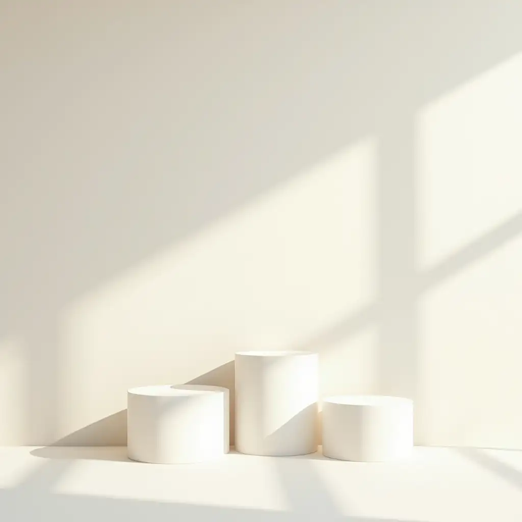 A minimalist, 3 product display mockup, featuring four white cylindrical podiums against a cream , muted textured wall with the shadows of window.  The texture of the wall and shadows must create a realistic 3D effect, subtly reflecting natural light.