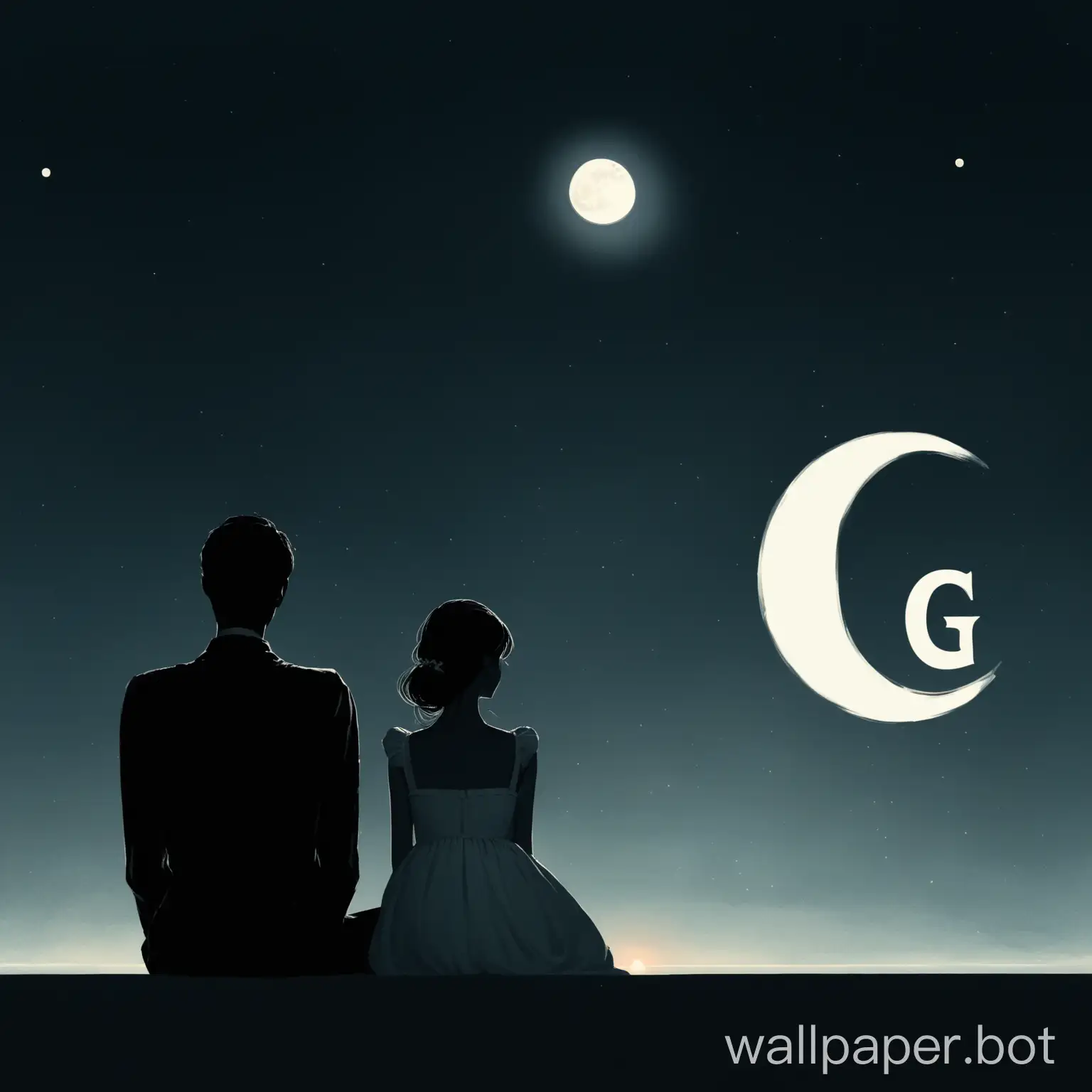 A man in love sitting looking at the moon in the background, the portrait of a girl in the background and her initial is the letter "G"