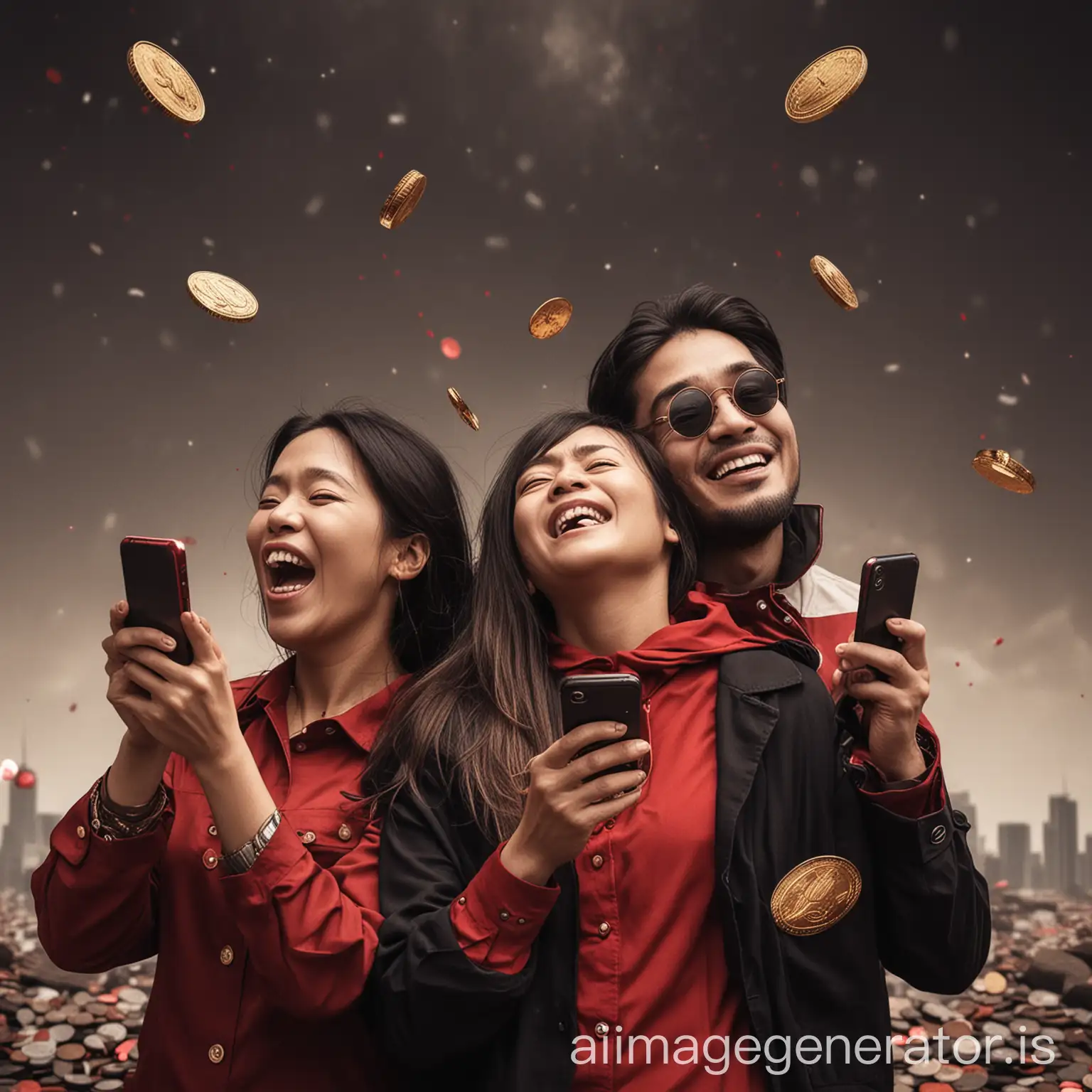 Four-Adults-Holding-Cellphones-with-Digital-Gold-Coins-in-Heroic-Red-and-Black-Setting