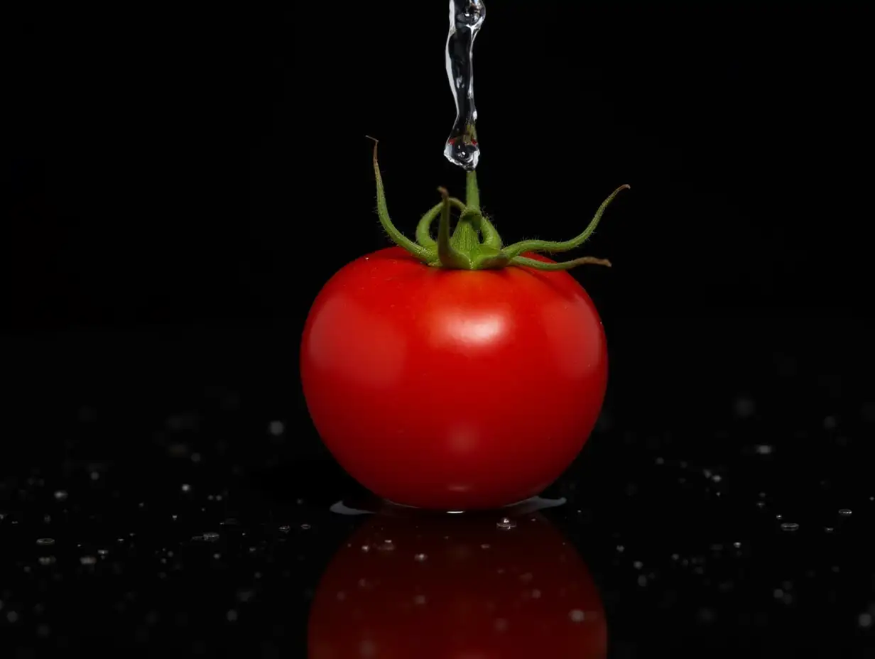 bright red tomato with water pouring down on a black background add more sharpness to the water