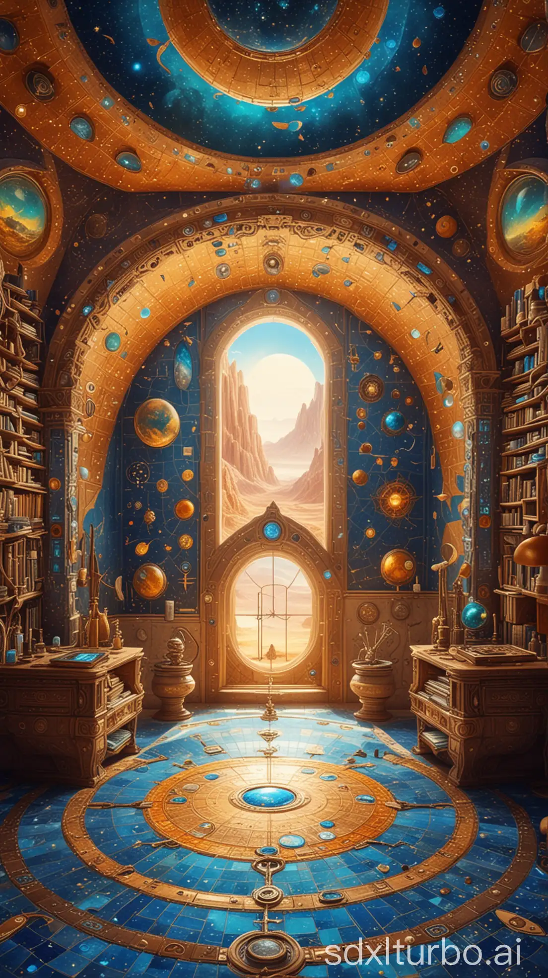 a vast luxury alien observatory in fantasy style, many colorful magical signs on walls, alchemical instruments, amber and blue mosaic floor, peaceful, sunny, bright atmosphere, highly detailed