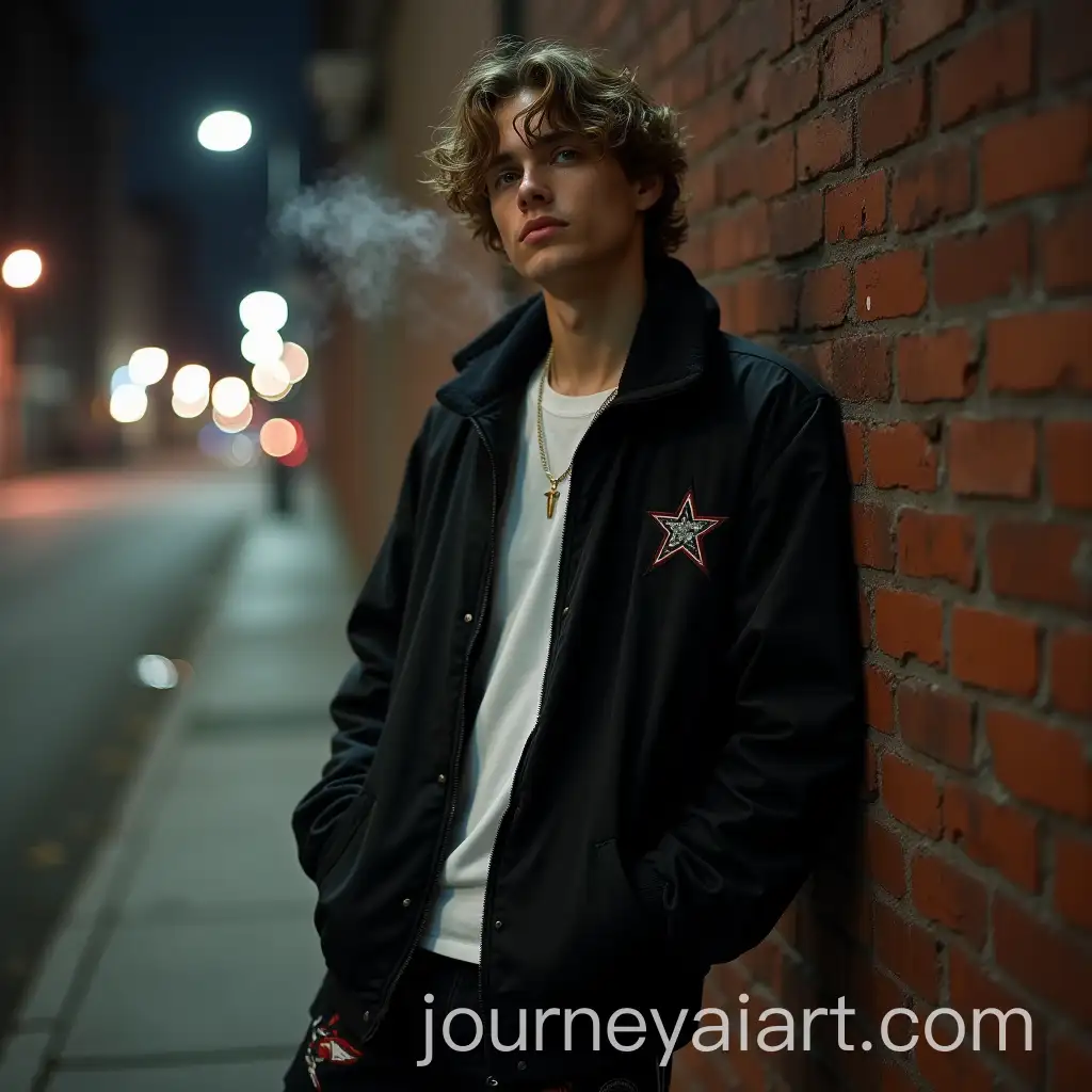 AI-Art-Prompt-ExpansionYoung-Man-in-Streetwear-Leaning-Against-Brick-Wall-at-Night-in-City