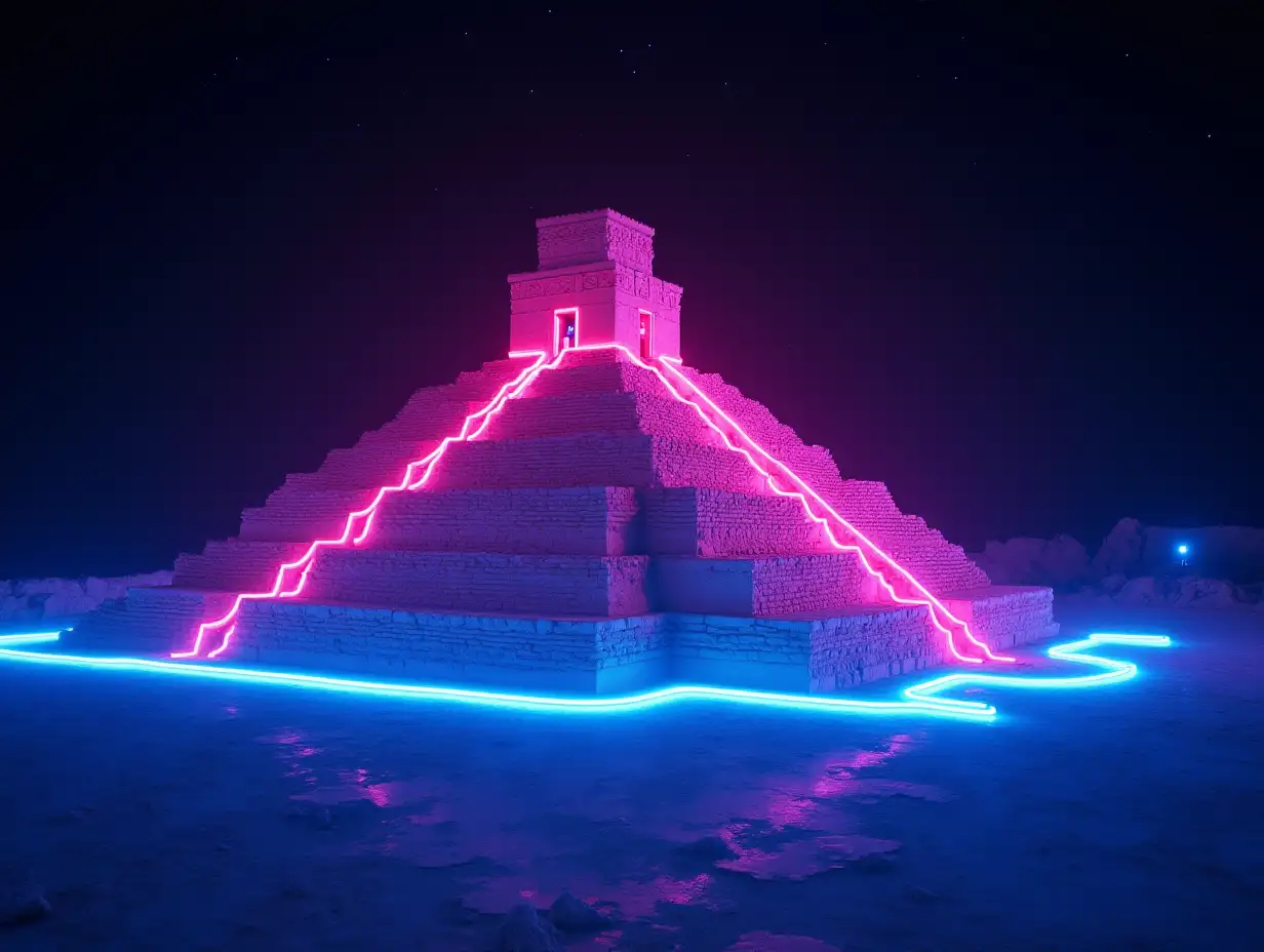 Gilbert Williams, 4k Film Still, Lights, Camera, action, Neon Pink Ziggurat of Mesopotamia, Mesopotamian architecture, middle eastern architecture, Starlit Night, Neon Pink and neon blue lighting, neon blue underwater lighting, Ziggurat of Uruk with temple at top, intricate detail, exquisite detail, 120 mm film still footage