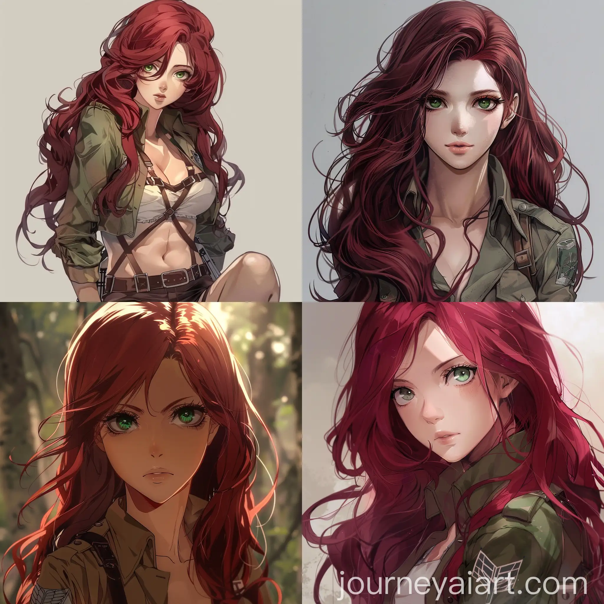 Anime-Style-Woman-with-Long-Burgundy-Hair-in-Attack-on-Titan-Scouts-Outfit