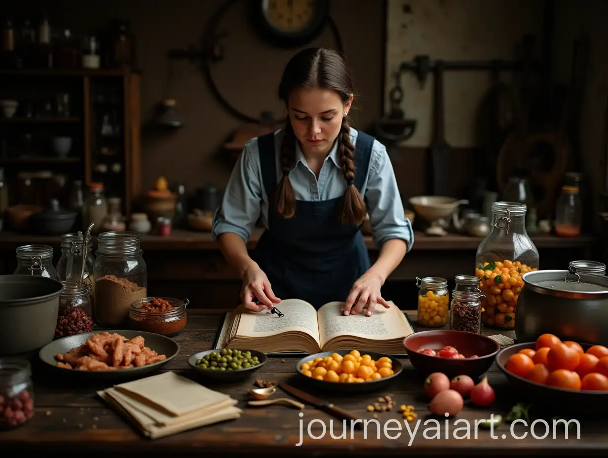Amish-Girl-Preparing-Ingredients-with-Vintage-Table-and-Ancient-Recipe-Book