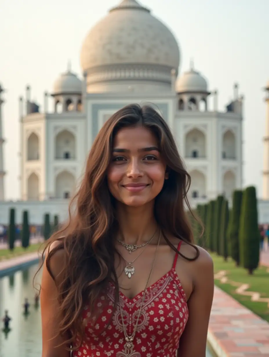 Create a 22 year old girl, sharp facial features posing near Taj mahal