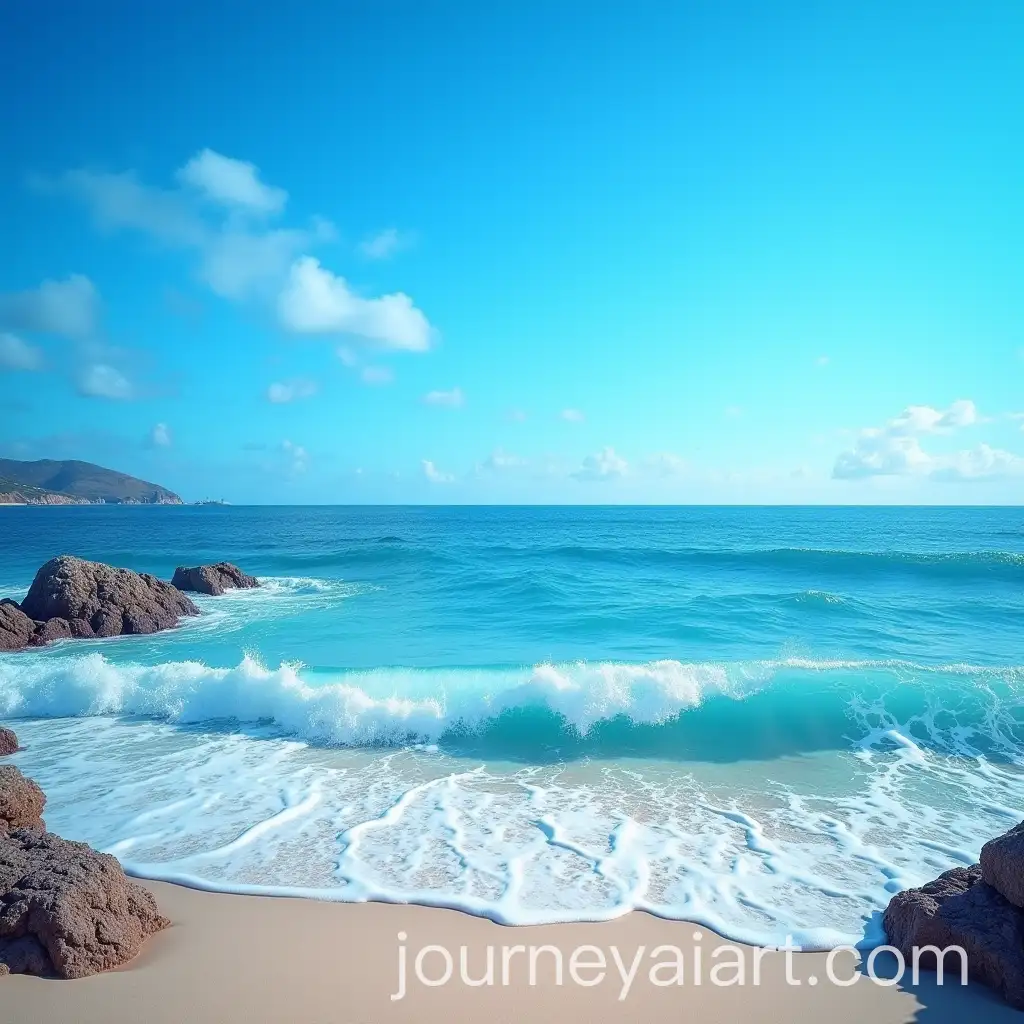 Tranquil-Beach-Scene-with-Waves-Blue-Sky-and-Rocks