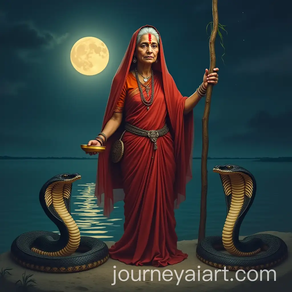 Indian-Elderly-Woman-in-Red-Saree-with-King-Cobras-by-River-at-Full-Moon-Night