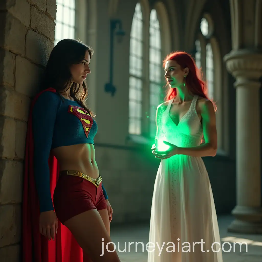 Supergirl-Struggling-in-Gothic-Cathedral-Against-Sorceress-with-Kryptonite