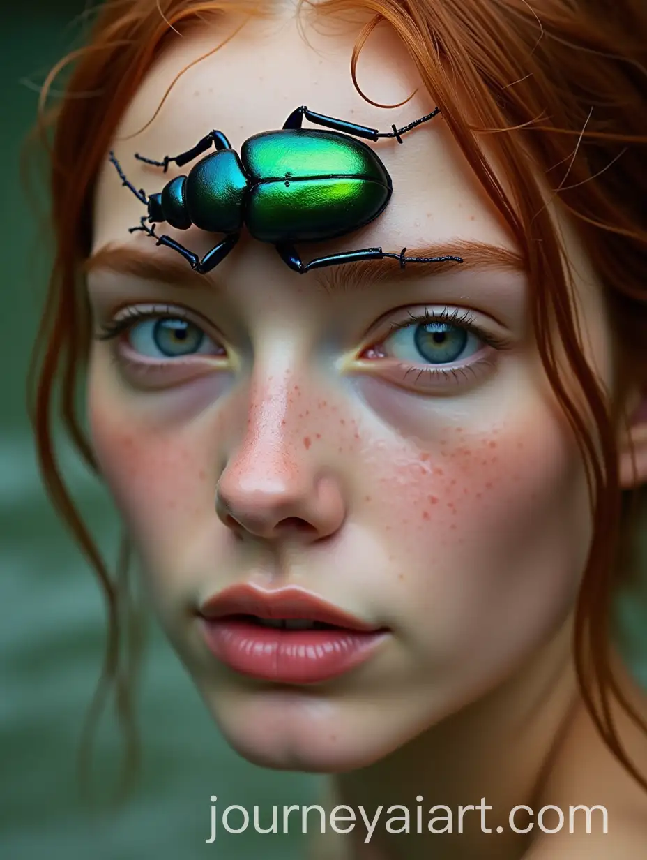 Young-Woman-with-Iridescent-Beetle-on-Forehead-in-Dreamlike-Water-Setting