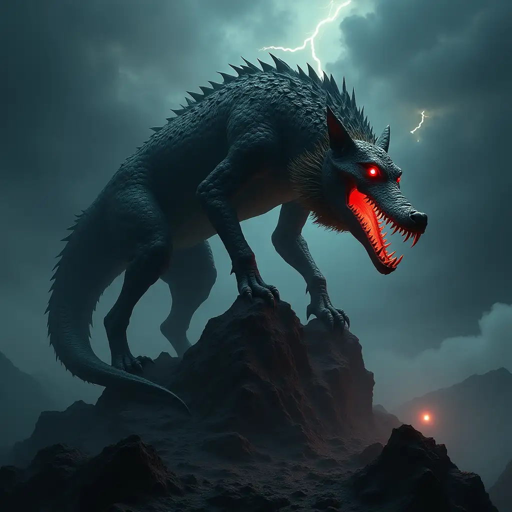 Create a realistic image of an evil hybrid creature, a terrifying combination of a crocodile and a wolf, standing atop a dark, jagged rocky mountain. The creature has the muscular, sinewy body of a wolf, with sharp claws and a menacing posture, but its face is a twisted fusion of a crocodile's elongated snout and sharp, jagged teeth. Its eyes glow with a sinister, fiery red hue. The creature's skin is a mix of rough, scaly crocodile hide and the sleek fur of a wolf, creating a chilling contrast. Large, powerful jaws are slightly parted, showing rows of teeth. The rocky peak is surrounded by swirling storm clouds, with occasional flashes of lightning illuminating the creature's fearsome form. The landscape is barren and bleak, with sharp rocks and dark skies adding to the oppressive, malevolent atmosphere of the scene.