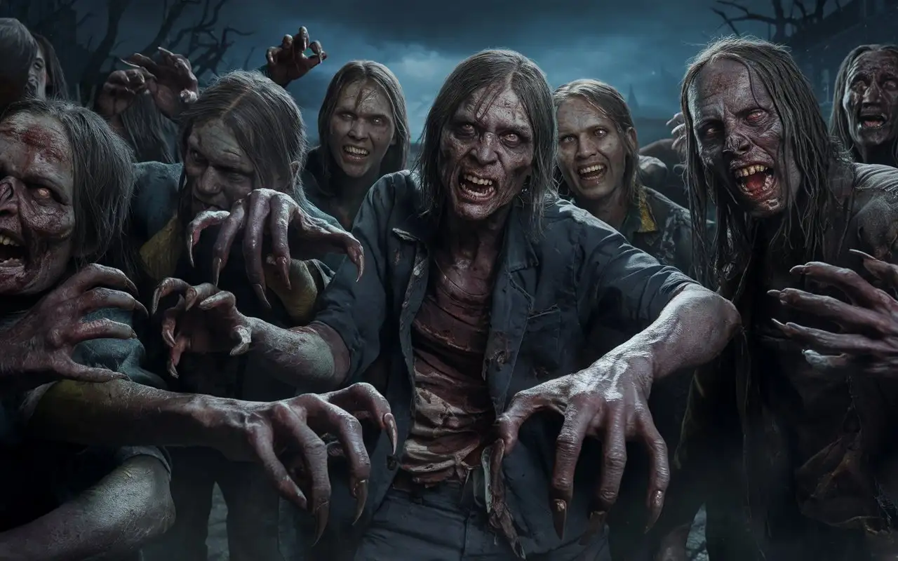 A terrifying crowd of ugly, rotten zombie and zombie women creatures stretches out their long- pointed fingernailed like claws hands, Hyperrealism, cinematography, high detail, photorealistic, high quality, photorealistic, aggressive, gloomy atmosphere, realism, minute details, detailed nails, horror, atmospheric lighting, full anatomical study, photorealism, detail, texture, gloomy, frightening, night scene, tense, creepy, undead, creepy, sinister, atmospheric lighting, nightmare, grotesque, horror, realistic anatomy