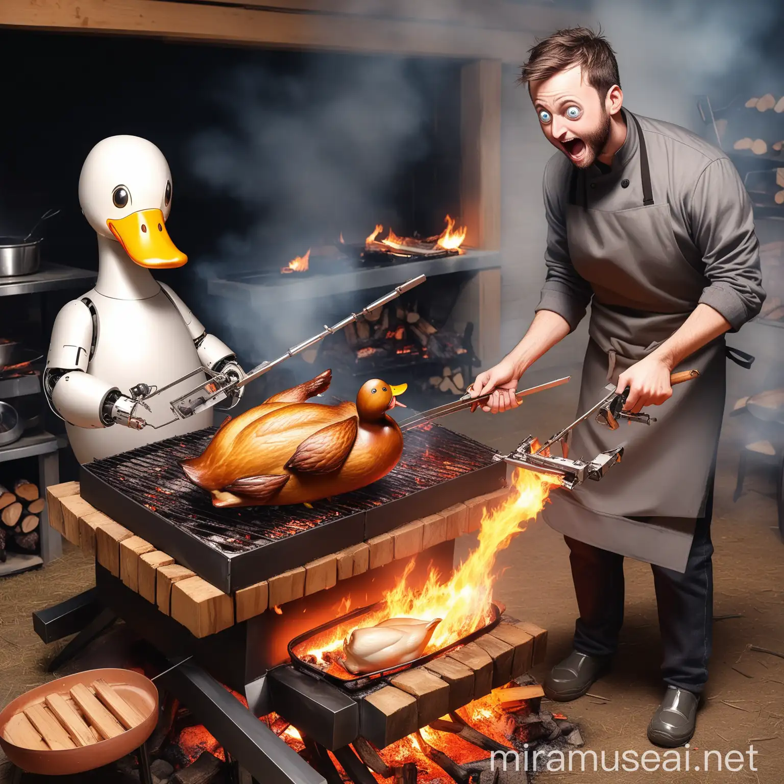 Man Cooking Whole Duck over Wood Fire with Robotic Contraption