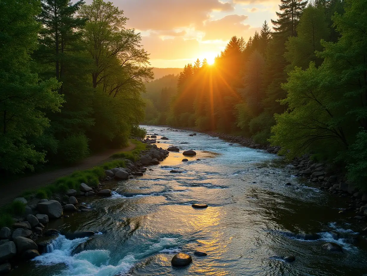 a beautiful natural view of a river flowing with water and next to a green forest at sunset