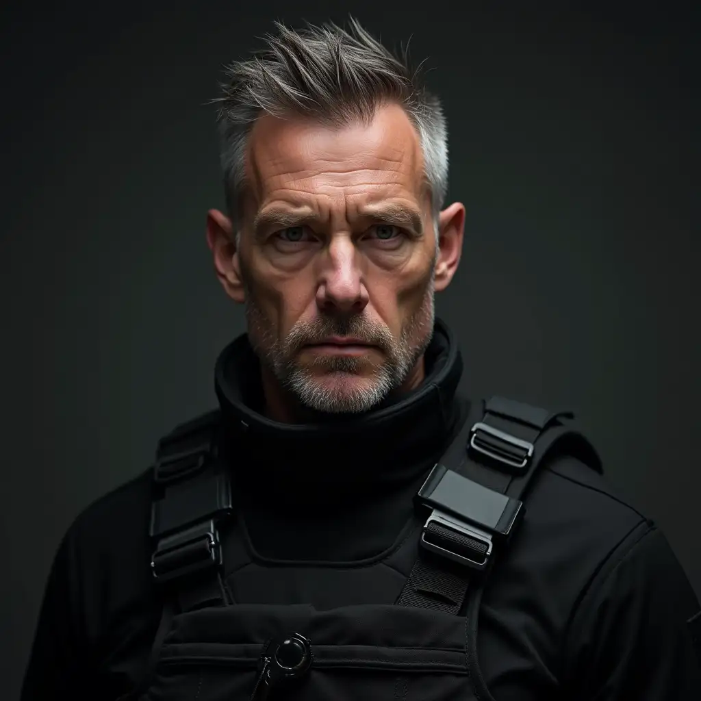 Serious MiddleAged Man in Tactical Black Gear