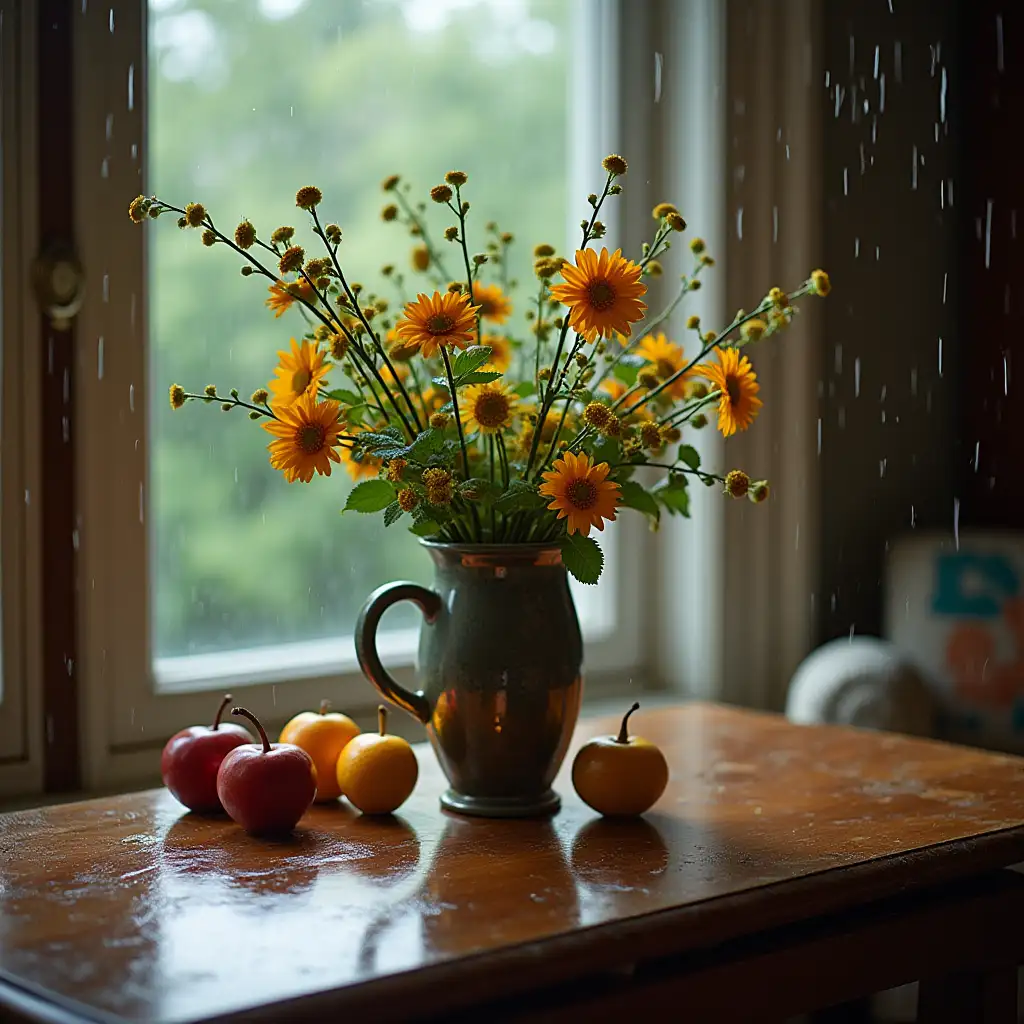 A vase with fruits on the table. It's raining outside.