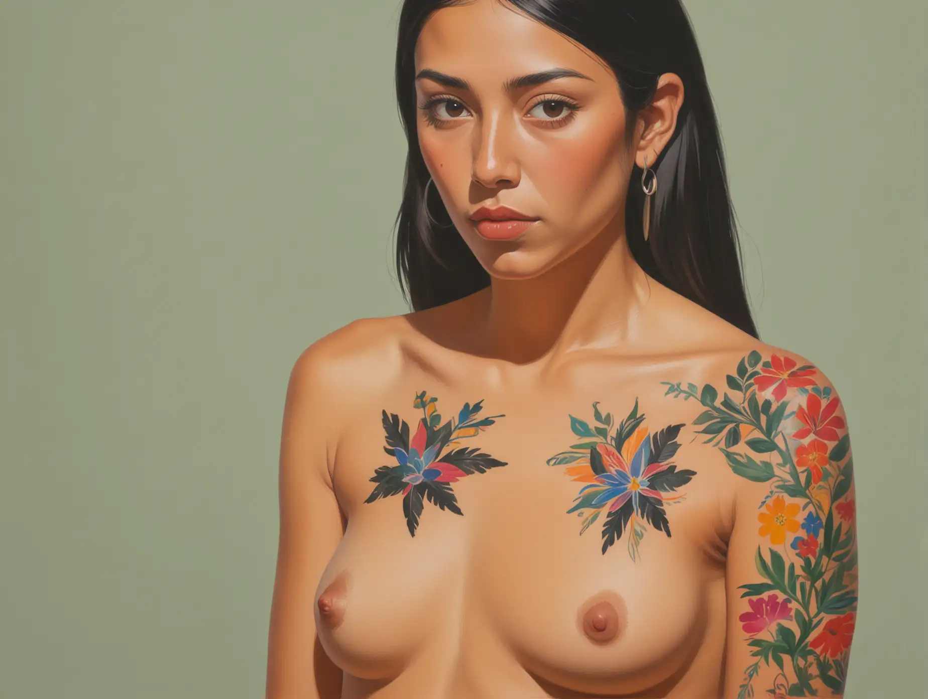 Colorful-Tattooed-Young-Woman-in-Alex-Katz-Style-Portrait