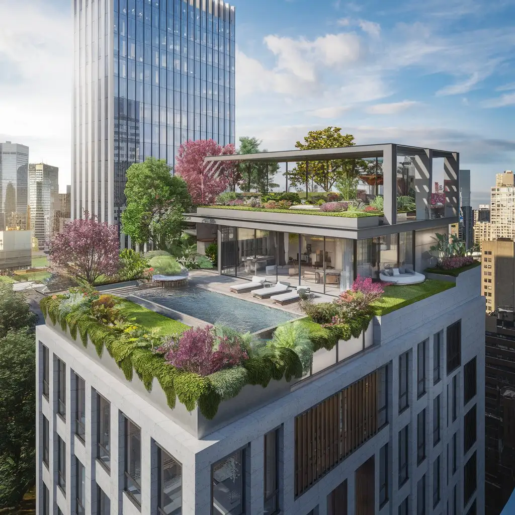 A modern urban house with a lush green rooftop garden, surrounded by skyscrapers, concrete and glass, vibrant plants and trees, rooftop pool, daytime, photorealistic, architectural rendering