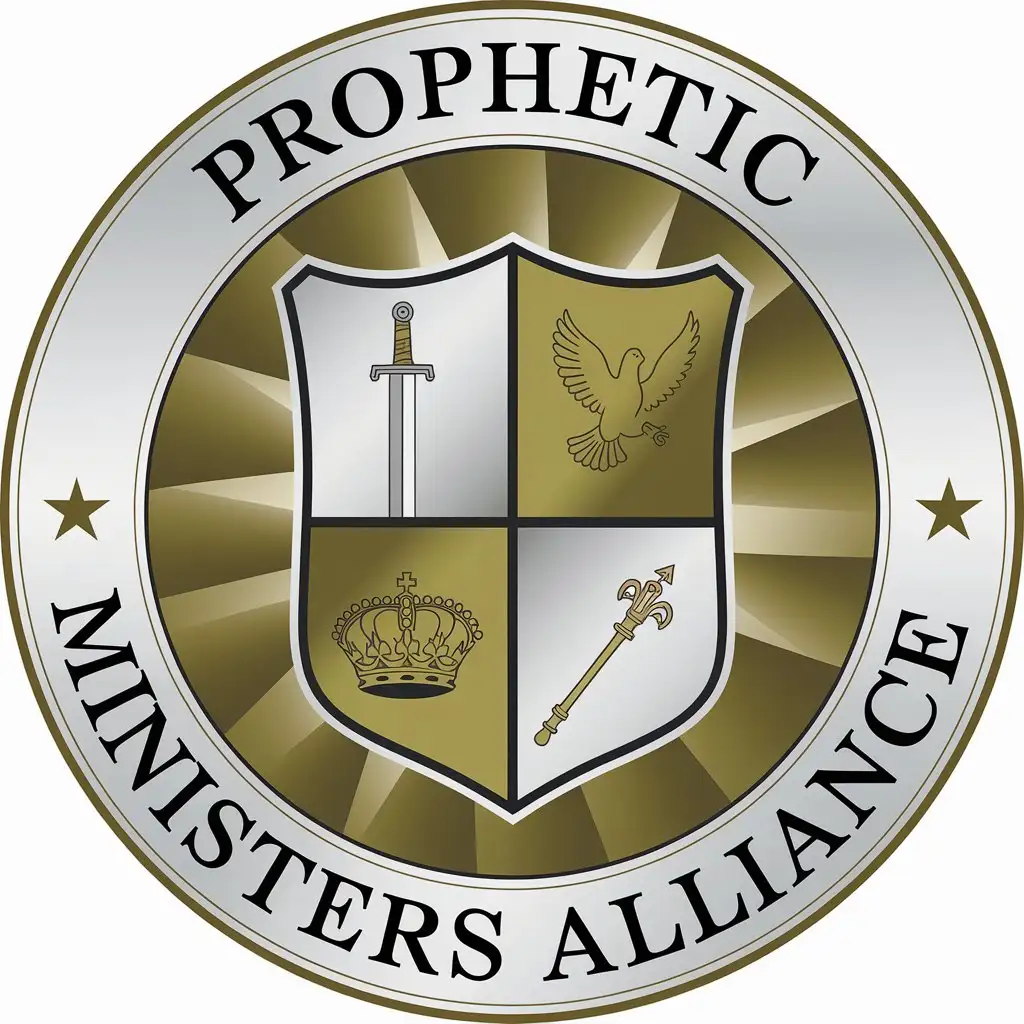 Prophetic Ministers Alliance Emblem with Sword Dove Crown and Scepter on Gold and Silver Background