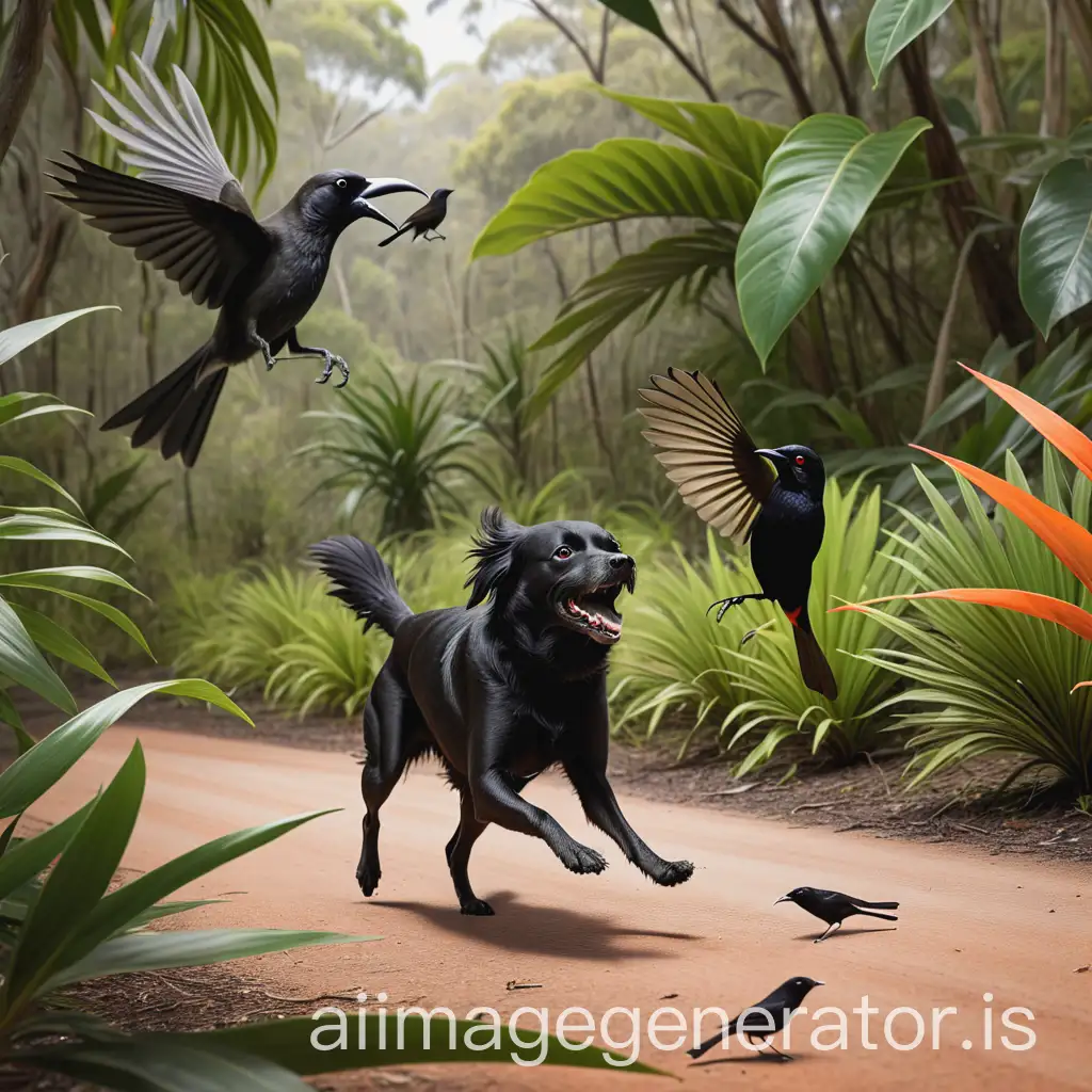 Dog-Chasing-Black-Honeyeater-Bird-in-Tropical-Nature