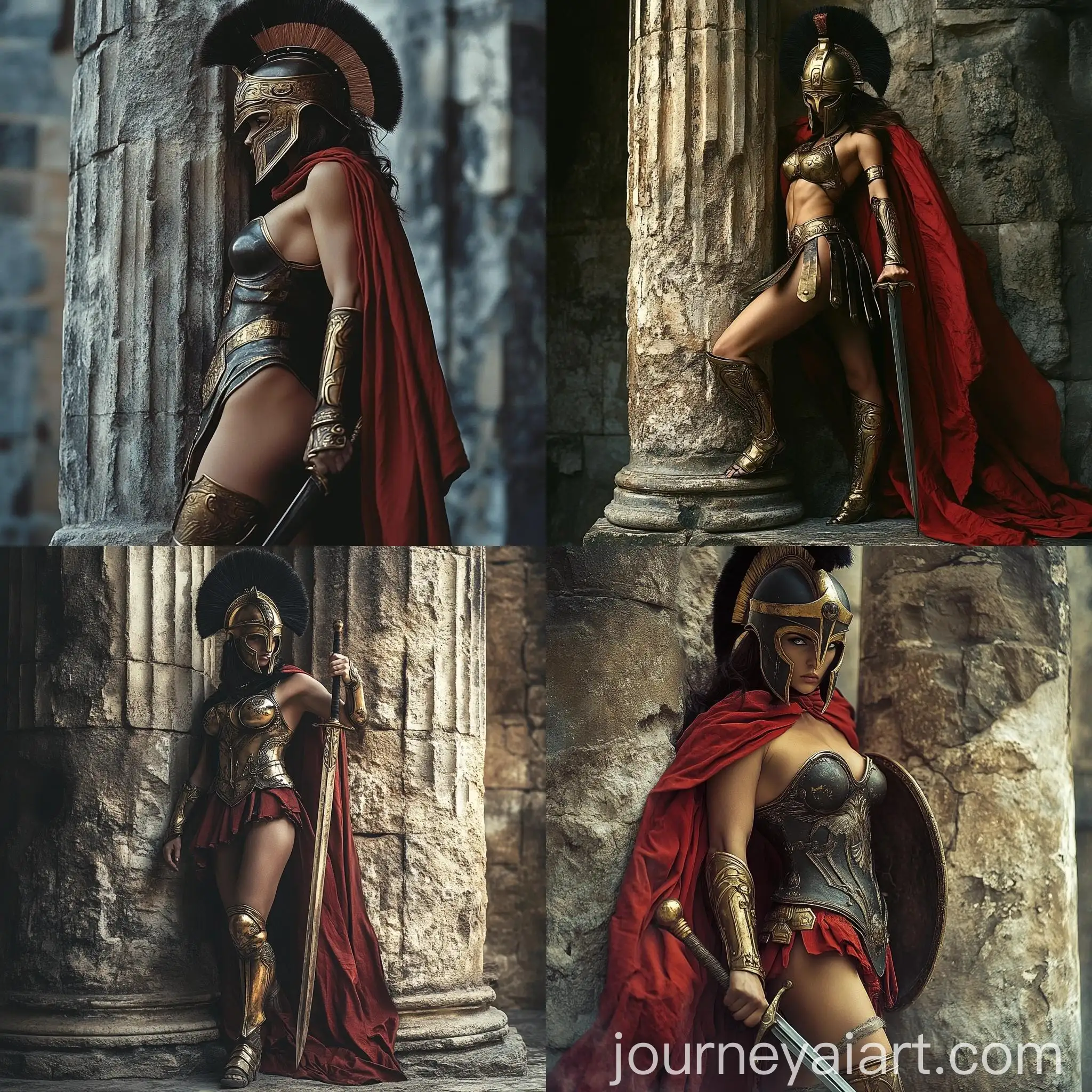 Hyperrealistic-Spartan-Warrior-Woman-Leaning-on-Stone-Pillar