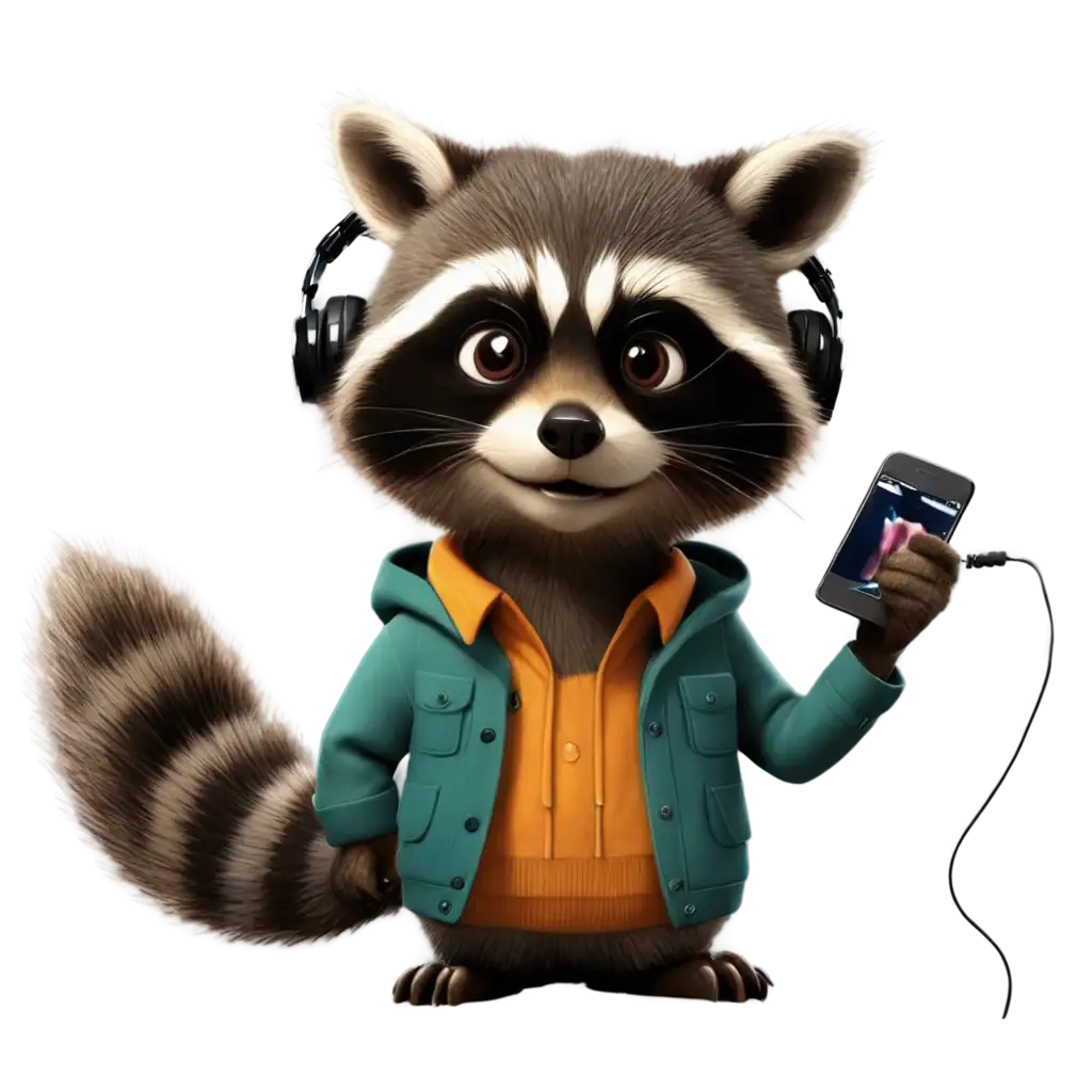 Cartoon-Raccoon-with-Headphones-PNG-Image-Enjoyable-Music-Listening