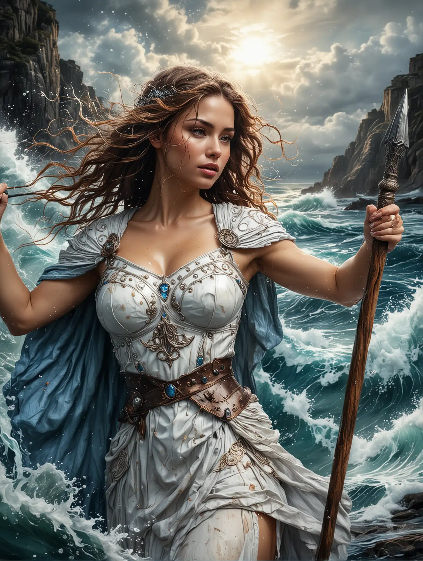 Roman-Goddess-Sofia-Vergara-in-Majestic-White-Dress-Holding-Spear-and-Shield-by-Stormy-Seas