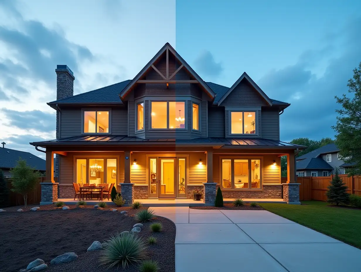 Create a visually striking image that features a house split down the middle, showing the 'before' and 'after' of construction. On the left side, depict a house in its pre-construction state—perhaps a basic, unfinished structure or an empty lot. On the right side, showcase the finished product with a beautifully completed home, complete with landscaping, modern design elements, and warm lighting. The transition between the two sides should be seamless but dramatic, highlighting the transformation from a simple concept to a stunning reality. Use contrasting colors and detailed textures to emphasize the dramatic improvement