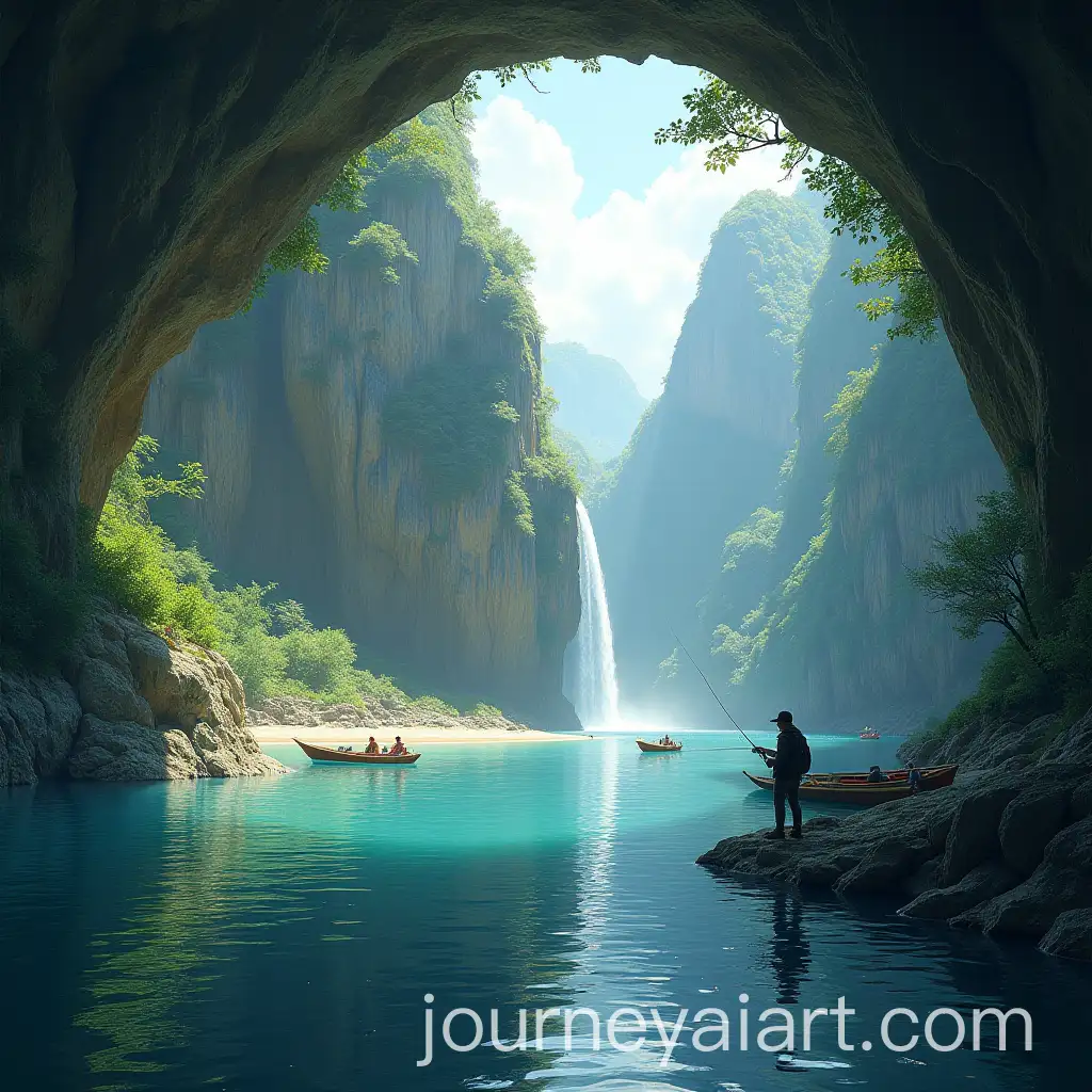 Scenic-Waterfall-and-River-View-with-Fishing-Person-and-Boats