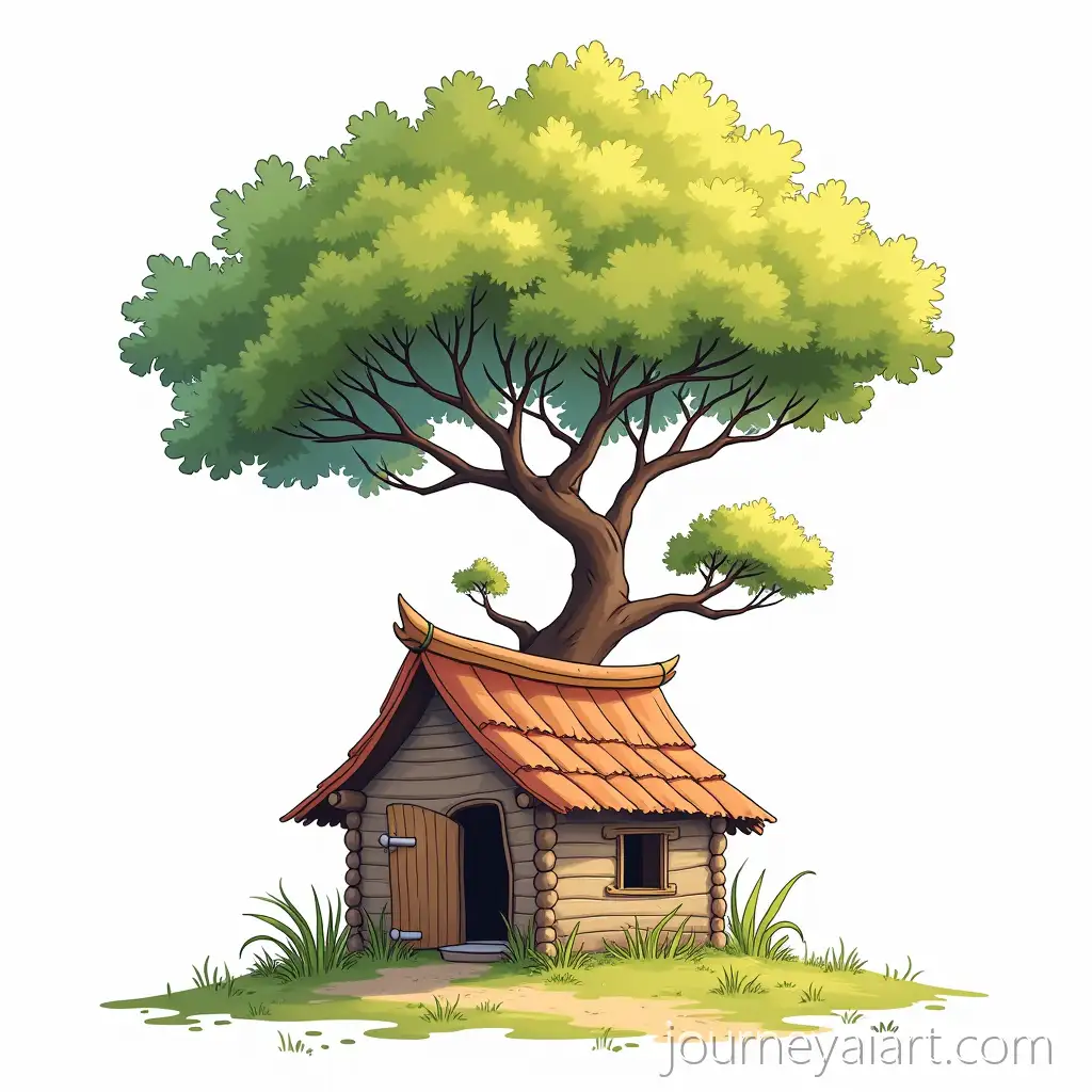 Hut-with-Tree-in-Line-Art-Style-with-Color-Fill