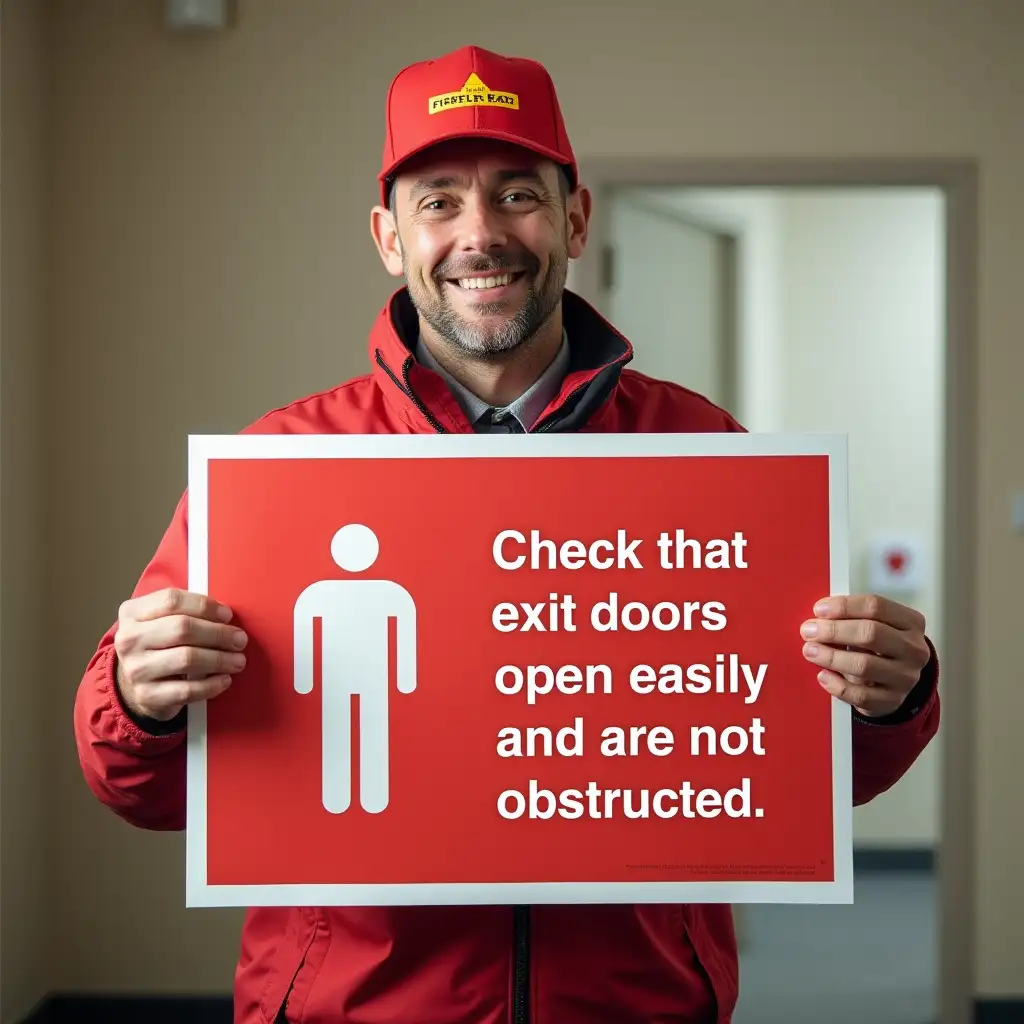 A male fire warden holding a sign a sign that says  Check that exit doors open easily and are not obstructed