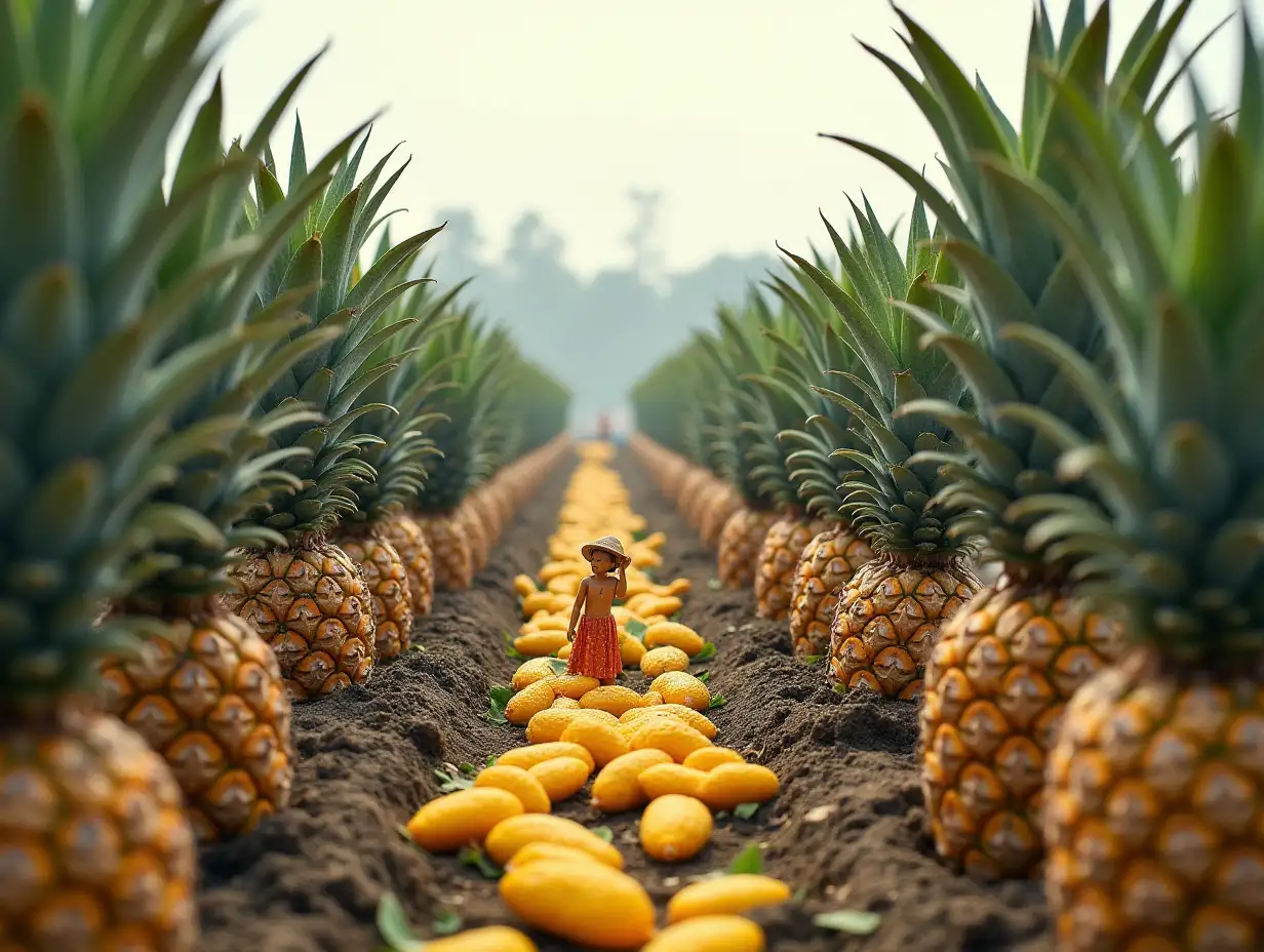 A beautiful small village with pineapple fruit plantation with tiny people with boxes full of (pineapple fruit) Quite a large real photo Triple exposure Concept of something Beautiful Photo