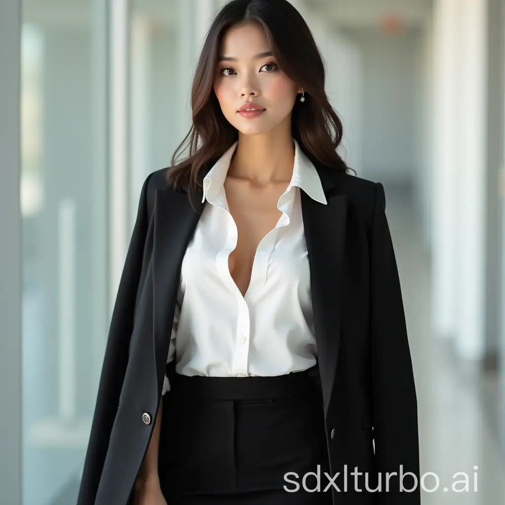 Professional-Asian-Woman-in-Office-Attire-with-Unbuttoned-Shirt-and-Black-Skirt