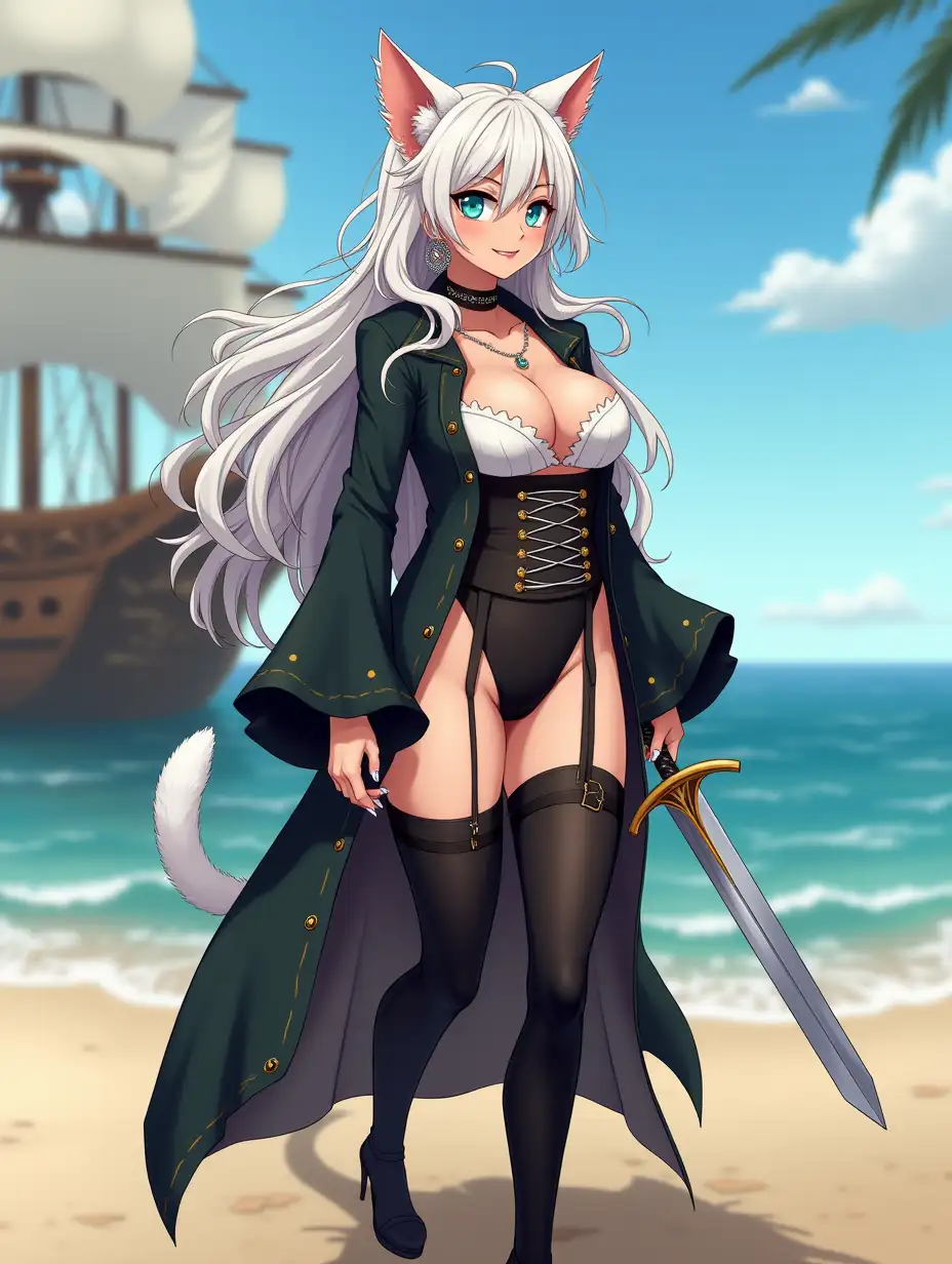 A mature adult feline/woman dressed as a pirate with a sword on a beach.  A pirate ship in the background. Her 30-something years are disguised by her youthful facial features, except for her subtle wrinkles around the eyes, extremely slender body. Her ample bosom strains against her clothing, threatening to burst free from the fabric, extreme cleavage.  Wearing black thigh high pirate boots. She has piercing blue cat eyes. A choker adorns her neck, a subtle hint at her feline nature. Her long, white hair cascades down her back like a wild waterfall, tangled and disheveled. Her cat-like teeth glint in the light, as her white fur-lined ears punctuate her visage with sparkling black and gold earring adorns each ear, adding a touch of elegance to her feline features. Cat whiskers on her face. The attached tail at the base of her spine stirs lazily.  Long fingernails. Full body view. Anime.