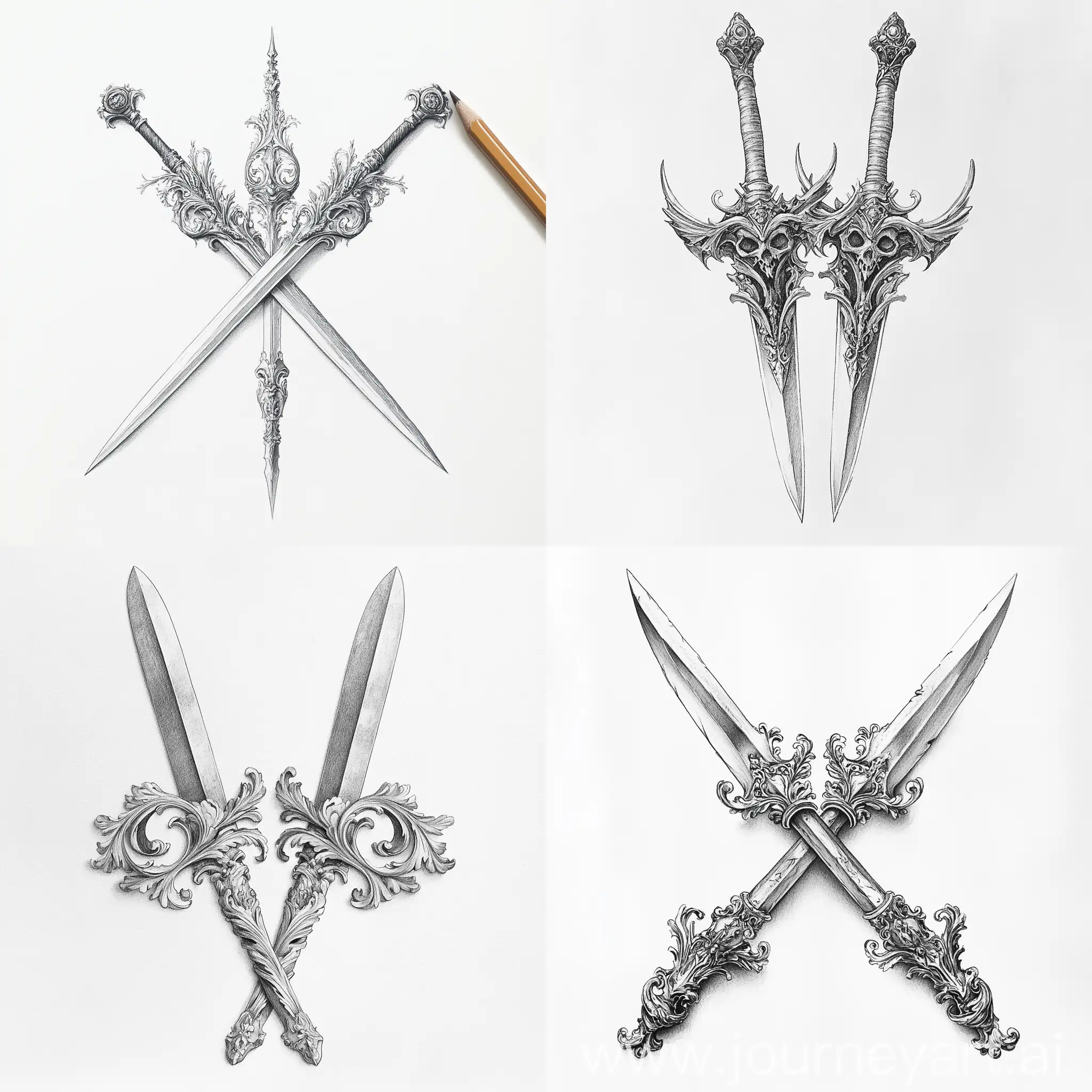 Intricate-Pencil-Drawing-of-Crossed-Daggers-with-Delicate-Shading